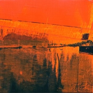 peinture abstraite petit format, paysage noir ciel rouge orange, format carré