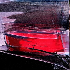 paysage abstrait, bateau rouge dans la nuit ou arbre noir sur la colline sur fond de soleil couchant ou personnage qui court, format carré