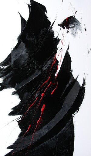 peinture abstraite apparue dans l'émission Thé ou café, envolées noires et giclées rouge sang sur fond blanc, loup ou avocate en plaidoirie