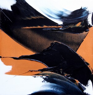 peinture abstraite, envolées noires bleutées sur route horizontale ocre et fond blanc, format carré