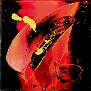 peinture abstraite, giclées jaunes sur envolées rouges et fond noir, ou tete avec un gros nez, format carré