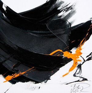 peinture abstraite, giclée orange sur envolées noirs et fond blanc, ou petit bonhomme, format carré