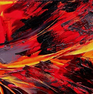 peinture abstraite, explosion volcanique, jaune orange noir, format carré
