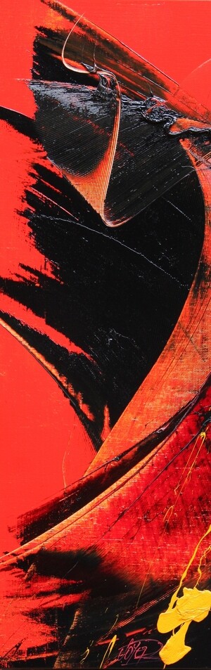 peinture abstraite, envolées noires sur fond rouge, tache jaune, reliefs et sillons, format vertical