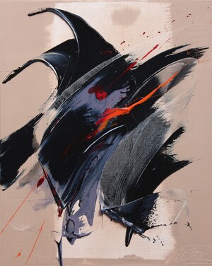 peinture abstraite, mouvements noirs sur fond beige, giclées rouge orange, tête de chien ou de loup, format portrait