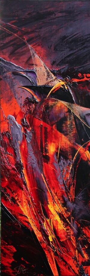 peinture abstraite, éclaboussures magmatiques, orange intense, rouge, gris cendre et volcanique, format vertical