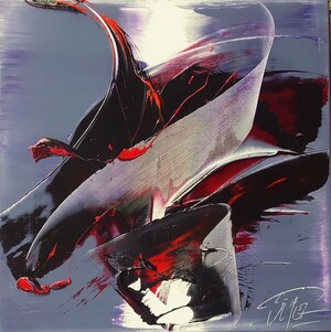 peinture abstraite, mouvements calligraphiques noirs et rouges sur fond gris-violet et bande verticale blanche, tête de cheval, format carré