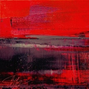 petit paysage abstrait gris foncé et rouge profond, format carré