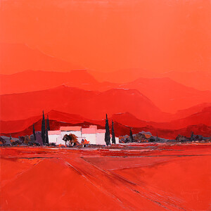 paysage provençal, mas, cyprès, montagnes en dégradé, monochrome rouge, format carré