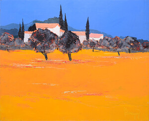paysage provençal, champ orange, mas, arbres en fleurs, cyprès, ciel bleu intense, éclaircie après l'orage, format paysage